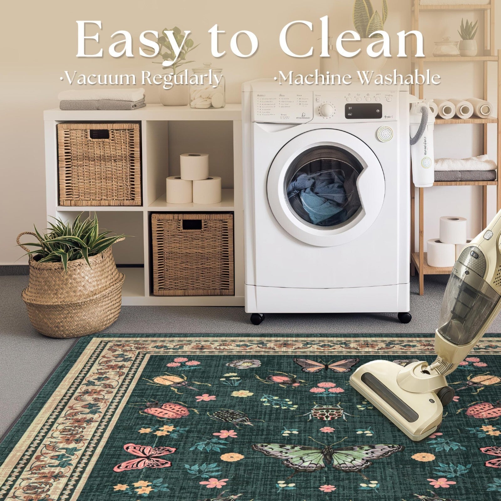 Seeluck 9x12 Area Rug Butterfly Insect Floral Dark Green Low Pile
