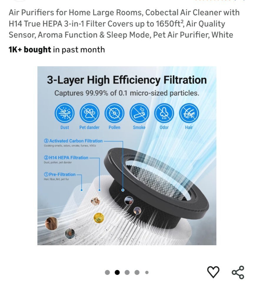 Air Purifier for Home Large Room H14 True HEPA 3-in-1 Filter Air