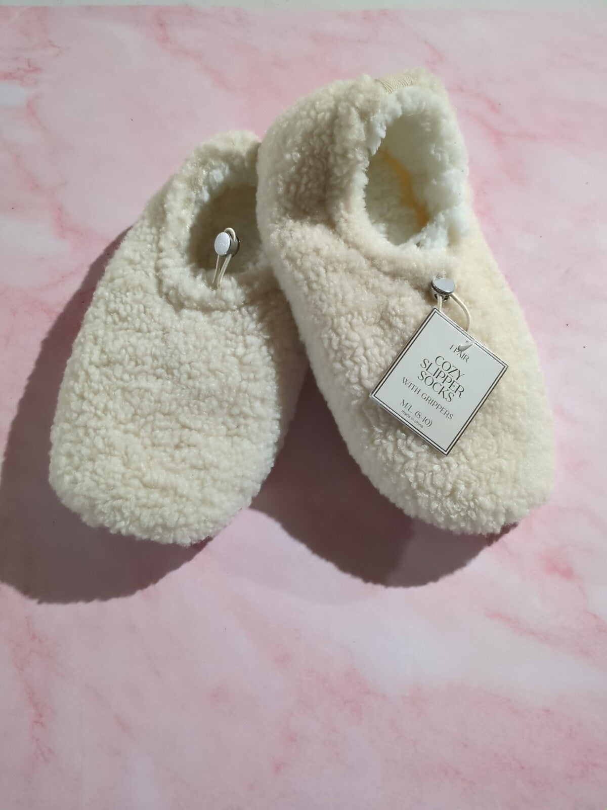 Womens Pull On Slipper Socks Non-Slip Grippers Toggle Ivory Cozy M/L