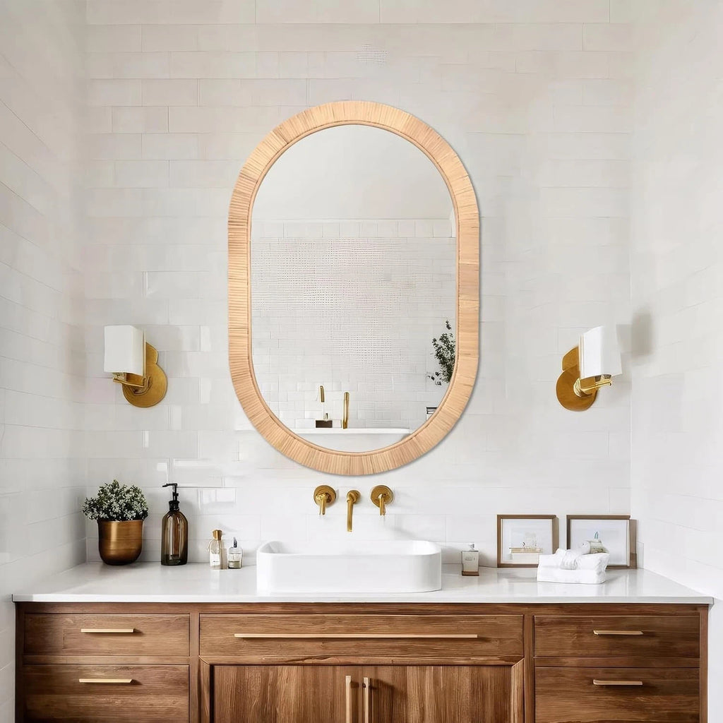 Oval Wall Mirror Handcrafted Rattan 20x30 - Boho Wicker Frame