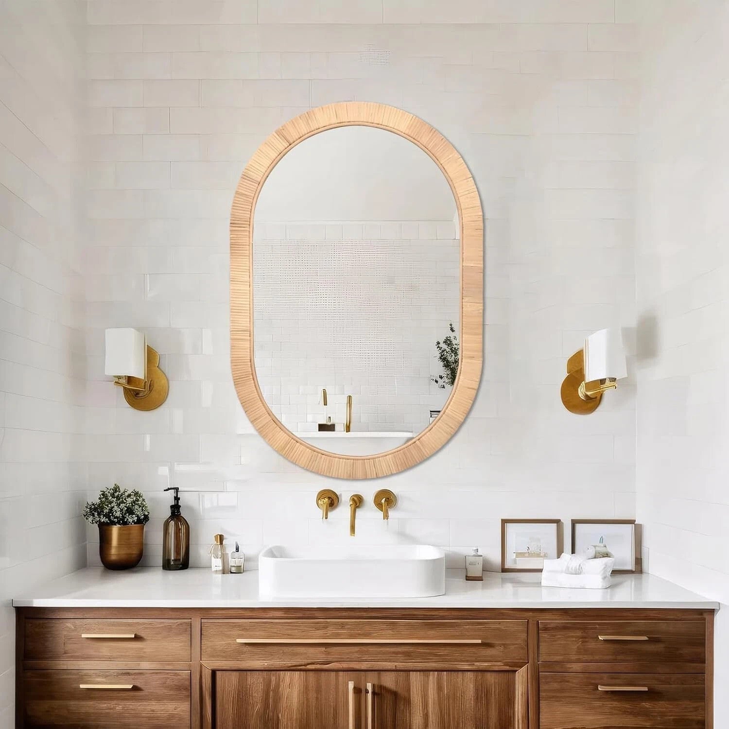 Oval Wall Mirror Handcrafted Rattan 20x30 - Boho Wicker Frame