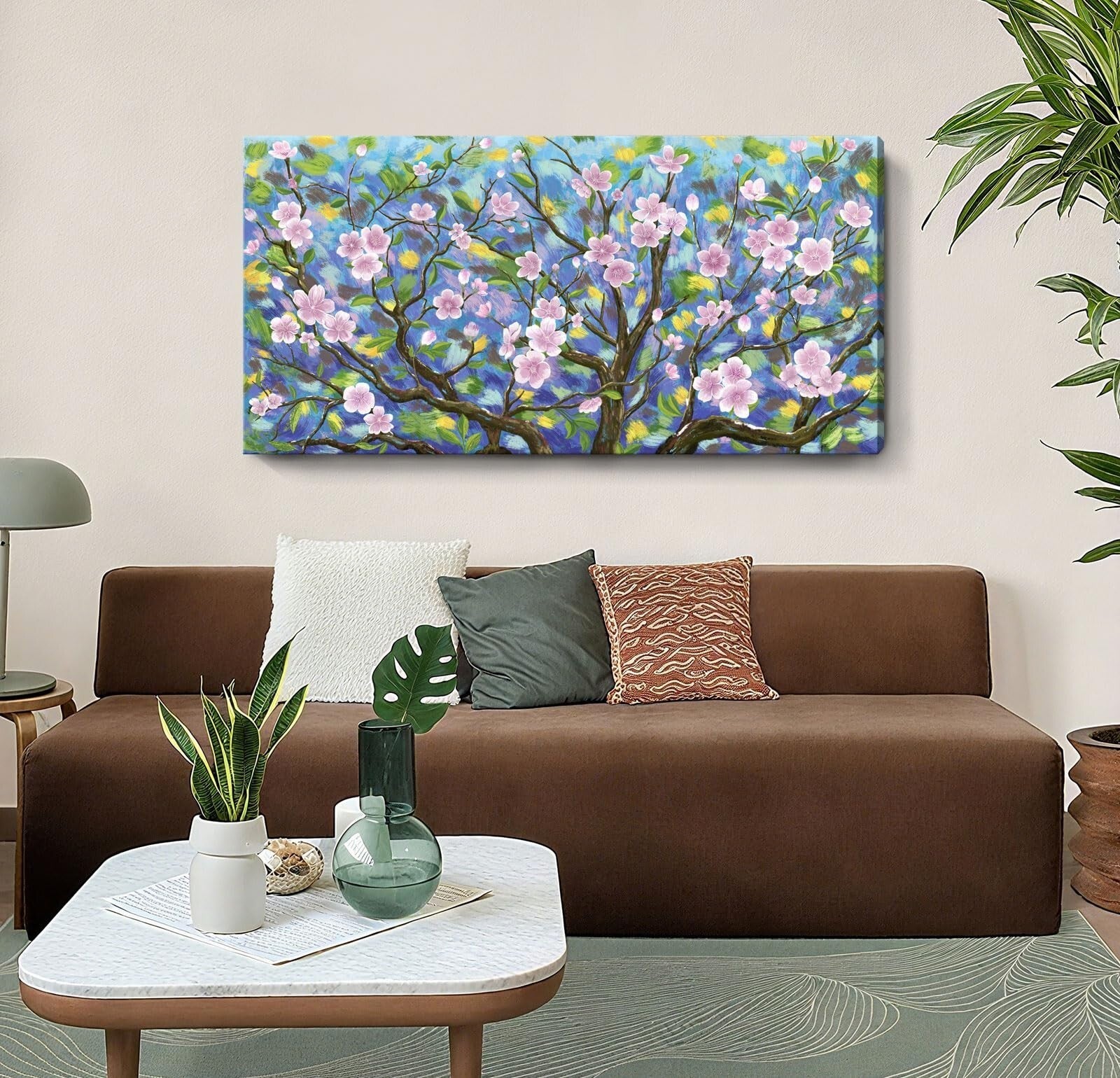ARTZON Cherry Blossom Wall Art Pink Green Floral Canvas Print 48x24