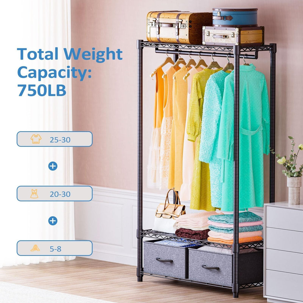 IZEUK Rolling Garment Rack 3-Tier Closet Organizer 2 Drawers Dark