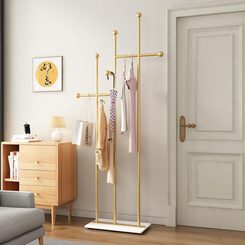 FONECHIN Gold Coat Rack with Marble Base Metal Clothes Coat Tree