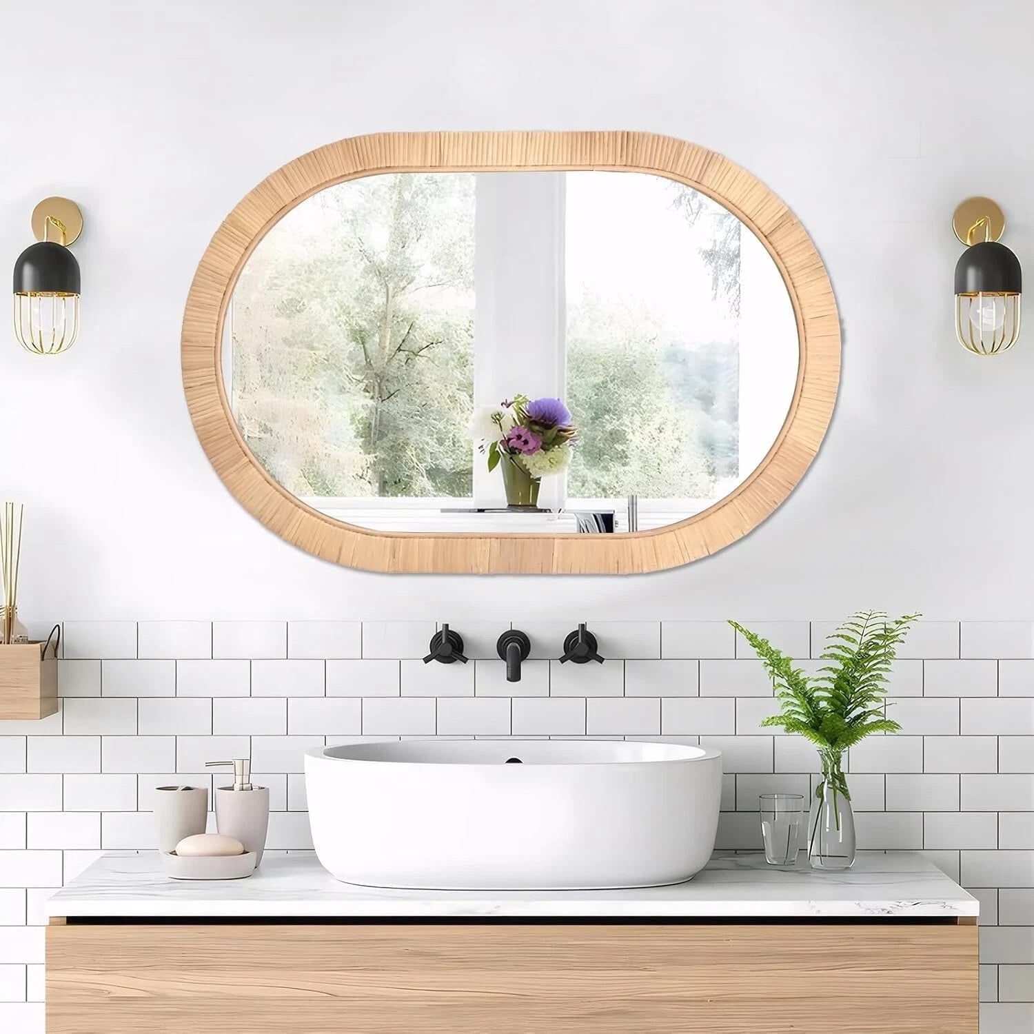 Oval Wall Mirror Handcrafted Rattan 20x30 - Boho Wicker Frame