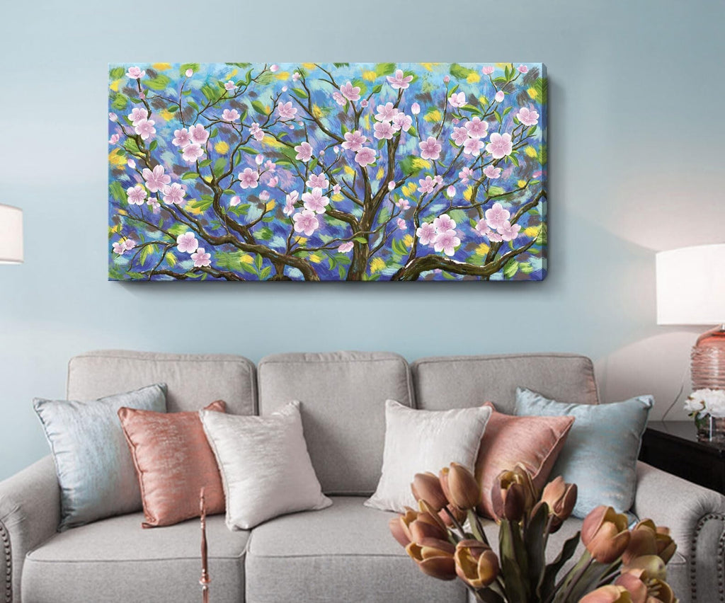 ARTZON Cherry Blossom Wall Art Pink Green Floral Canvas Print 48x24