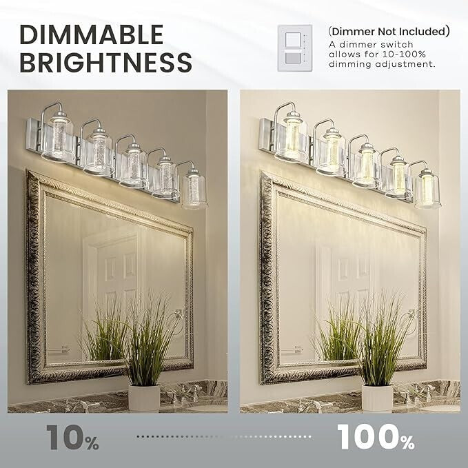 30W Dimmable Bathroom Lighting, 5 Light LED Bathroom Wall Lights with