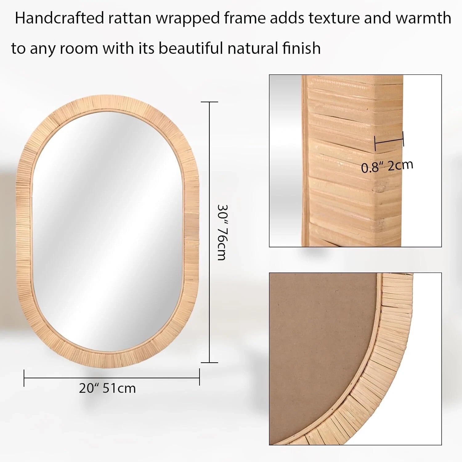Oval Wall Mirror Handcrafted Rattan 20x30 - Boho Wicker Frame