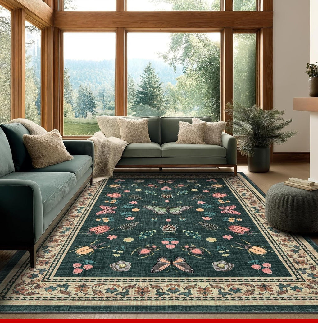 Seeluck 9x12 Area Rug Butterfly Insect Floral Dark Green Low Pile
