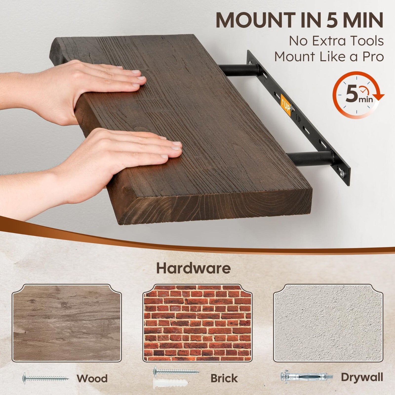 Realgulf 48" Rustic Elm Floating Shelf Solid Wood Live Edge Invisible