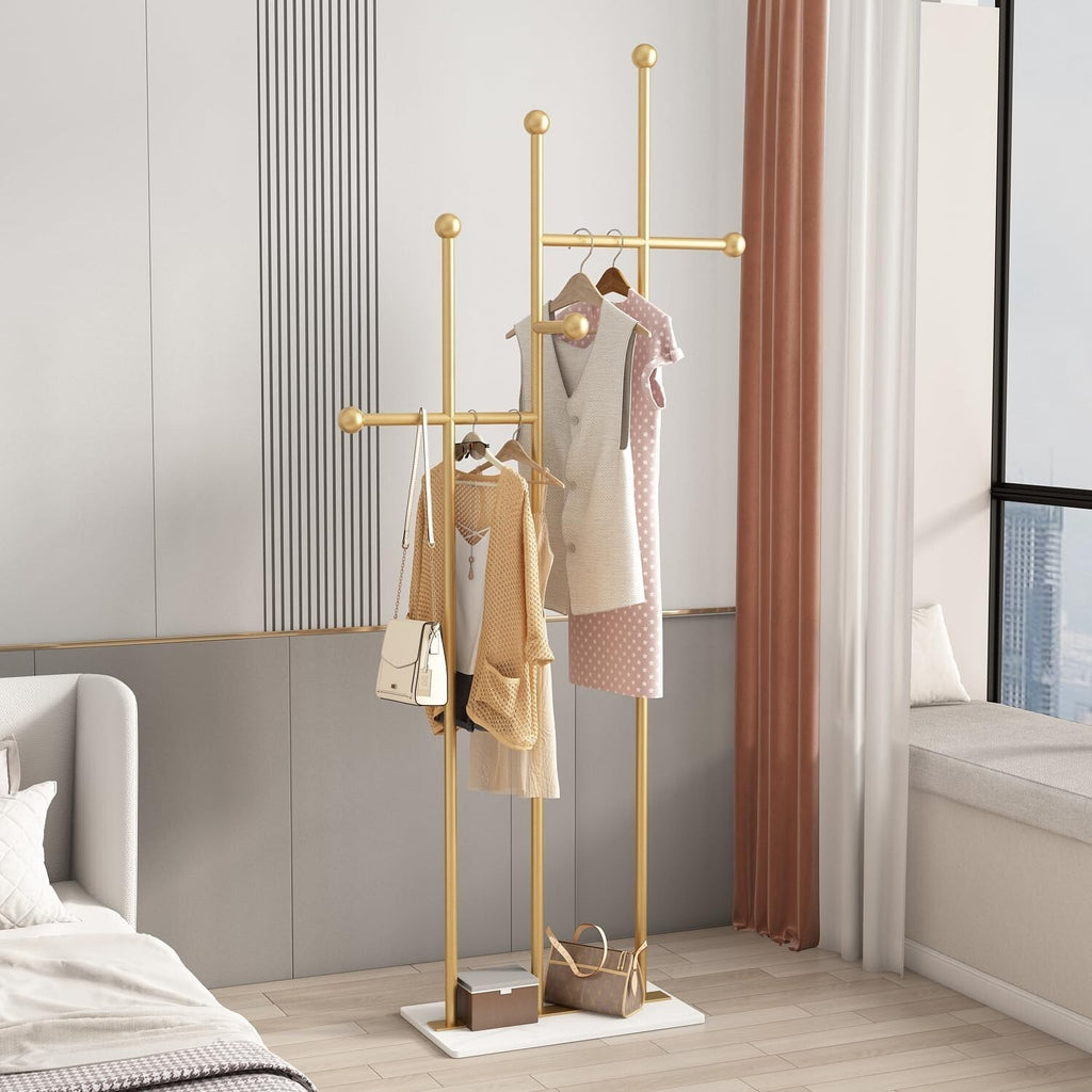 FONECHIN Gold Coat Rack with Marble Base Metal Clothes Coat Tree
