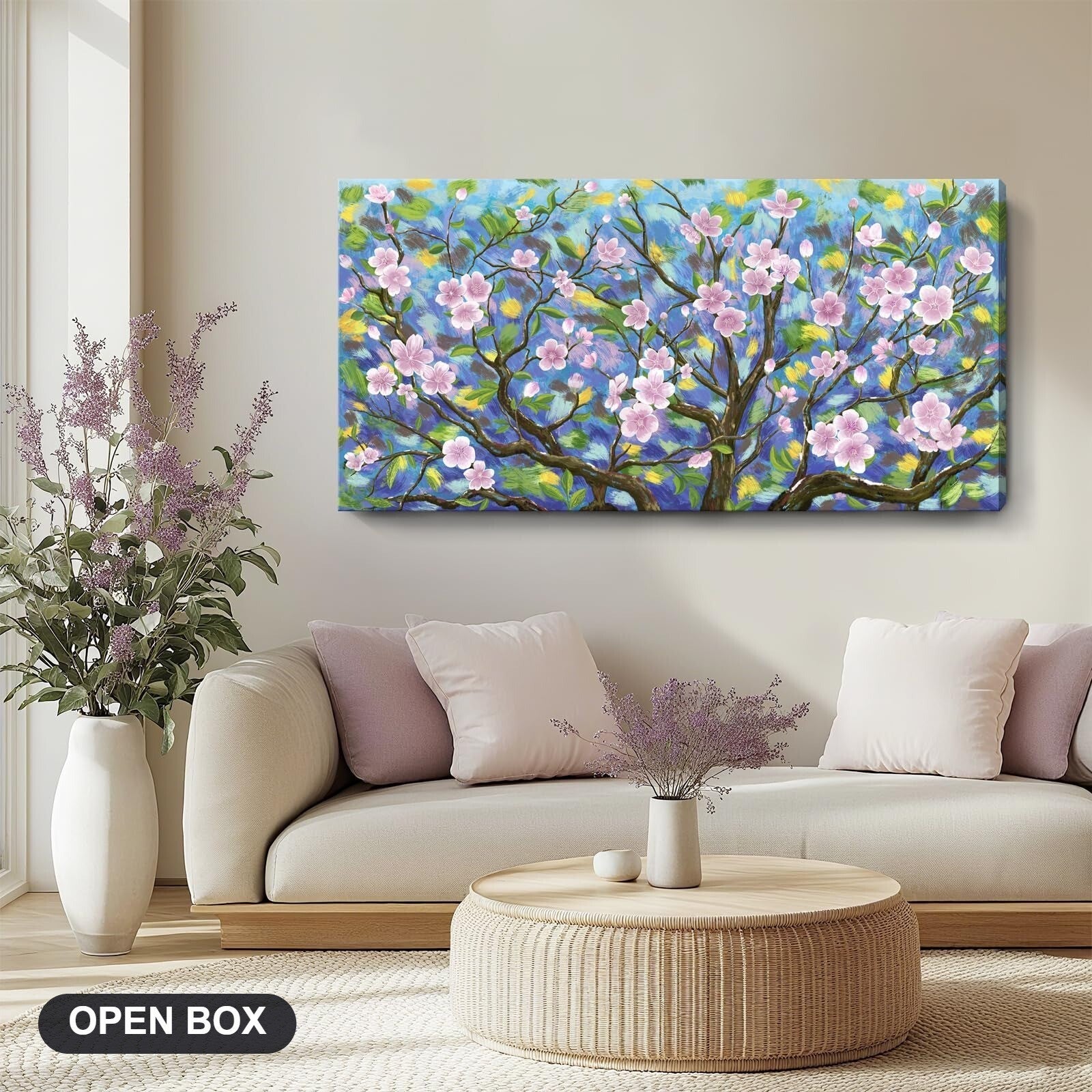 ARTZON Cherry Blossom Wall Art Pink Green Floral Canvas Print 48x24