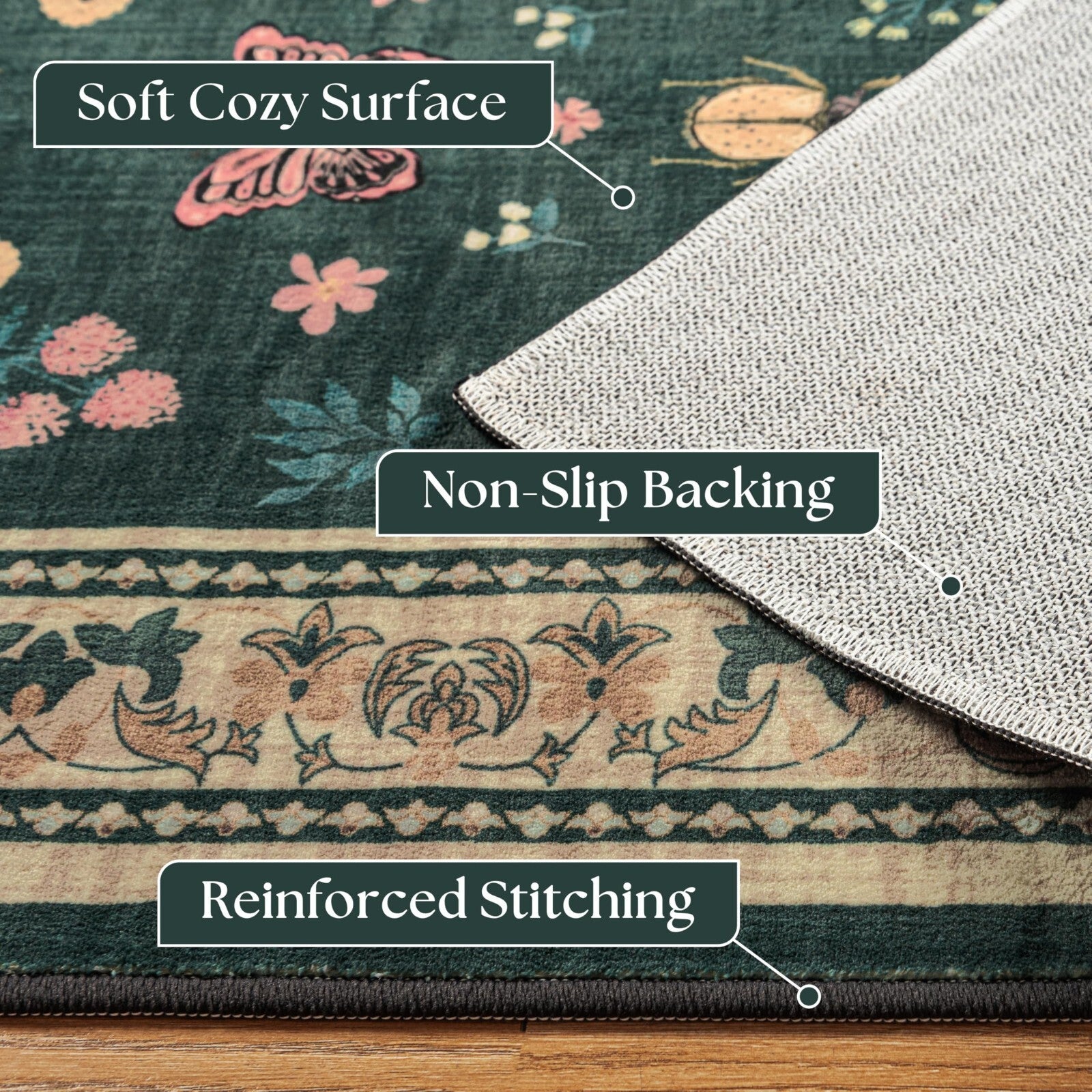 Seeluck 9x12 Area Rug Butterfly Insect Floral Dark Green Low Pile