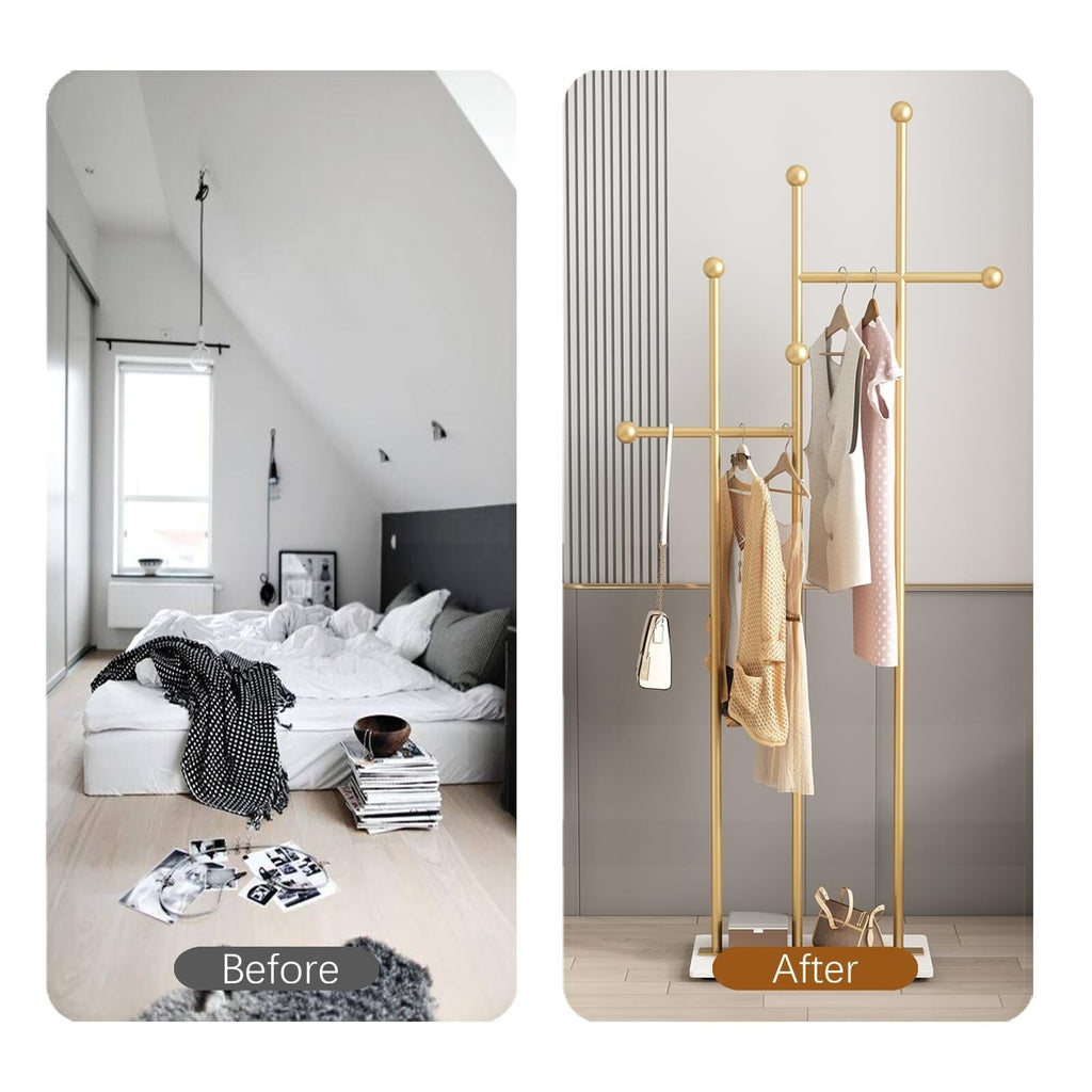 FONECHIN Gold Coat Rack with Marble Base Metal Clothes Coat Tree