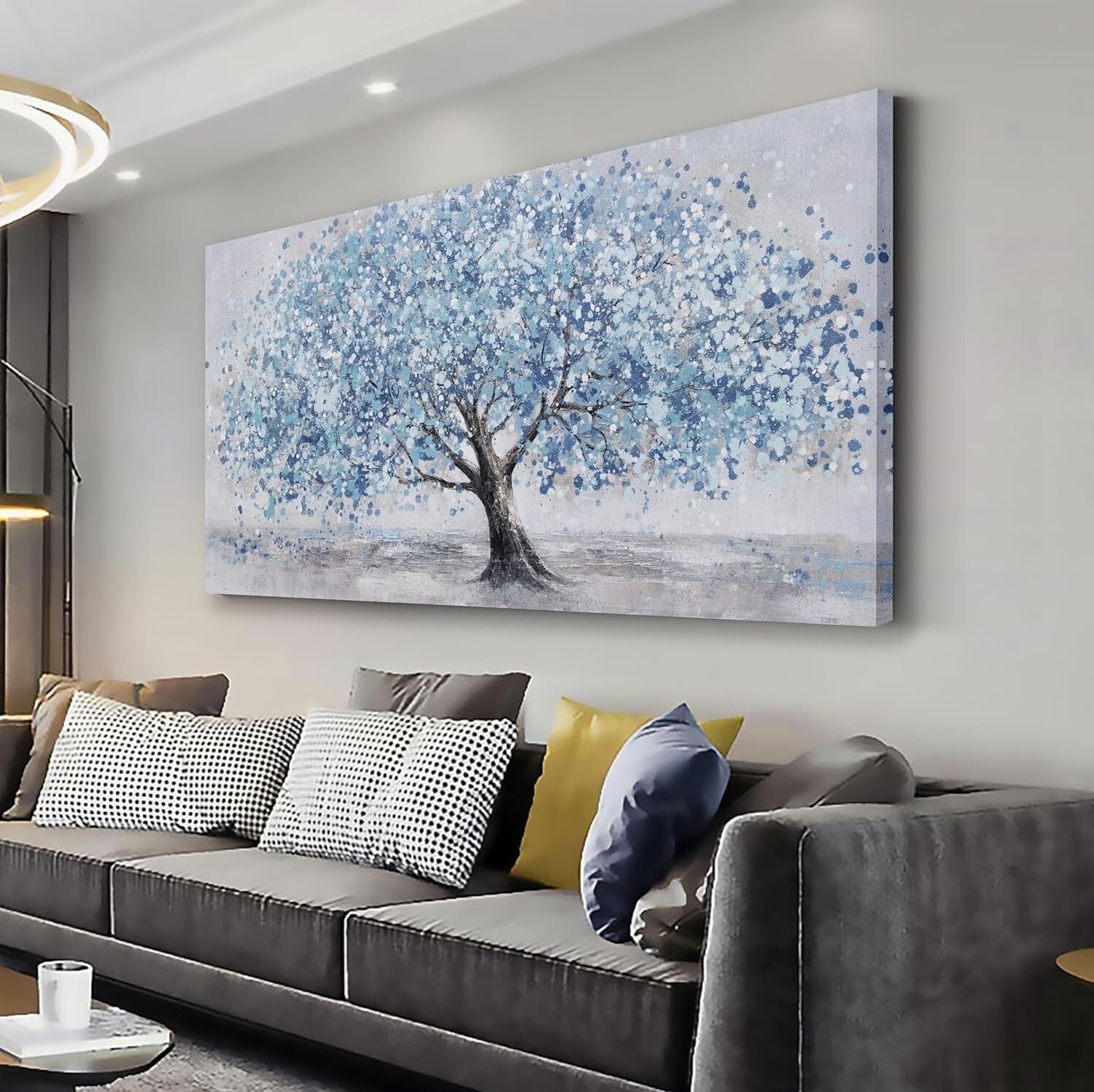 Tree of Life Wall Art Blue Tree Framed Canvas Print 48x24 in Ready to