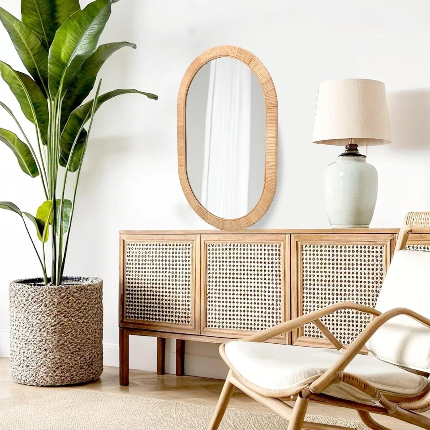 Oval Wall Mirror Handcrafted Rattan 20x30 - Boho Wicker Frame
