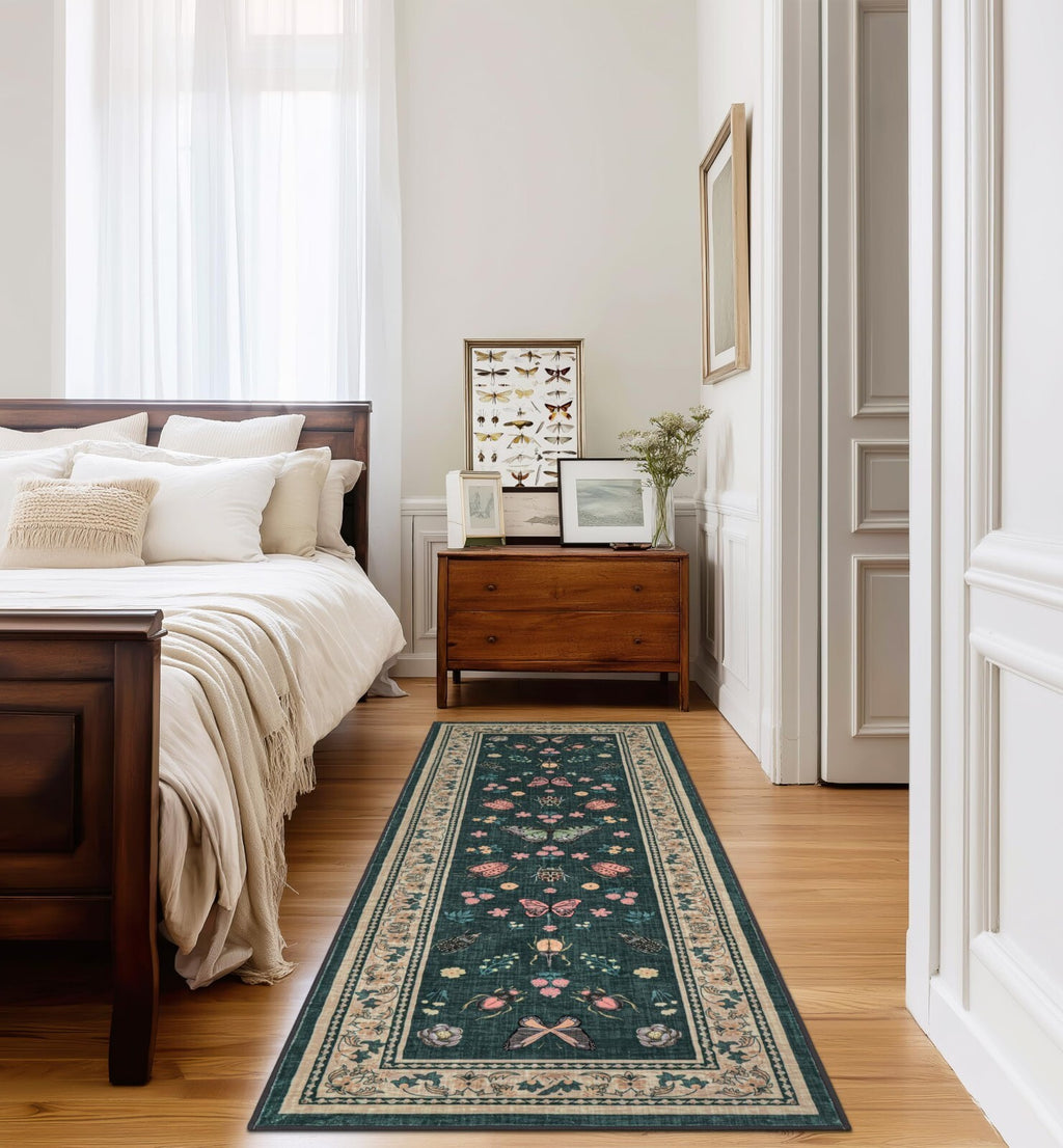Seeluck 9x12 Area Rug Butterfly Insect Floral Dark Green Low Pile