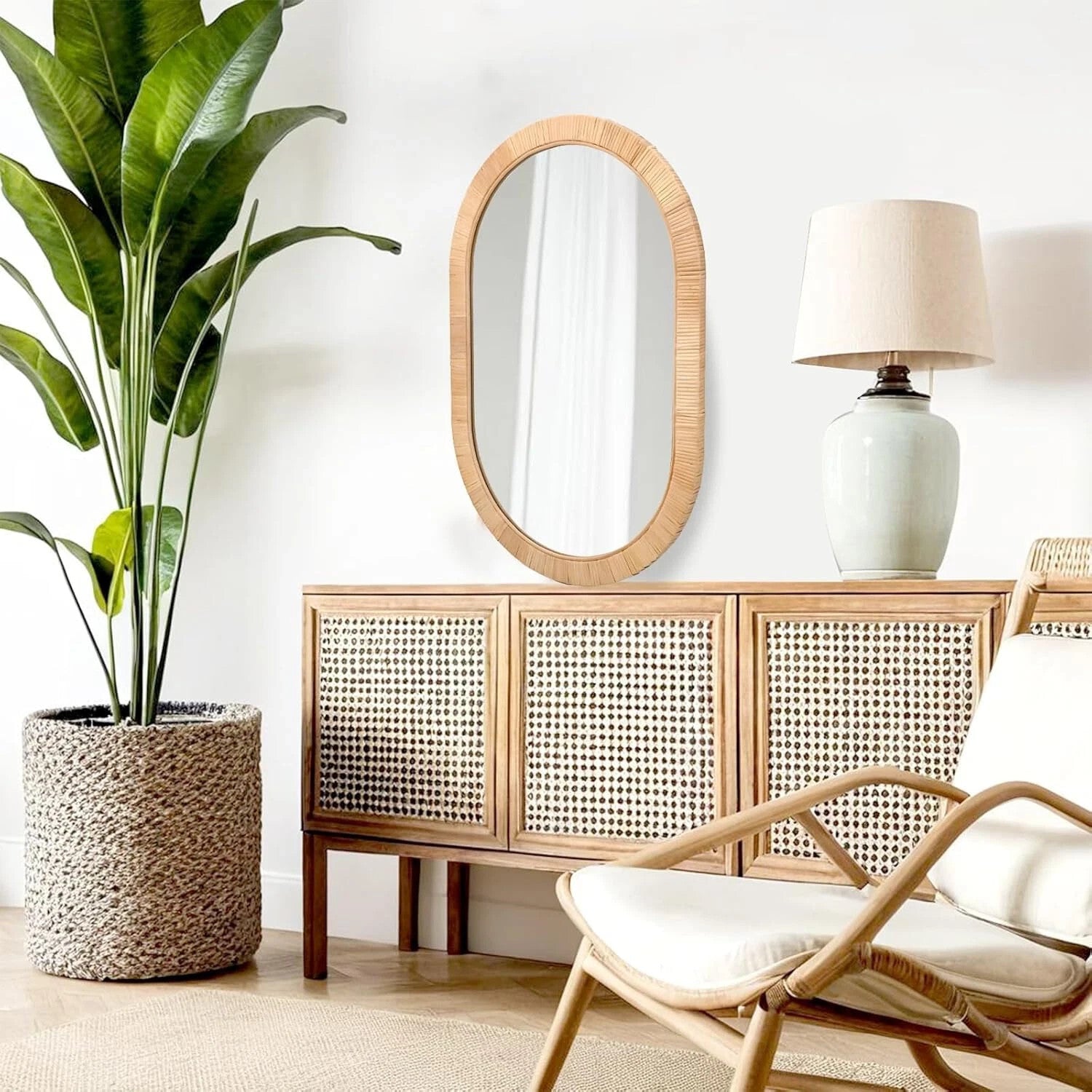 Oval Wall Mirror Handcrafted Rattan 20x30 - Boho Wicker Frame