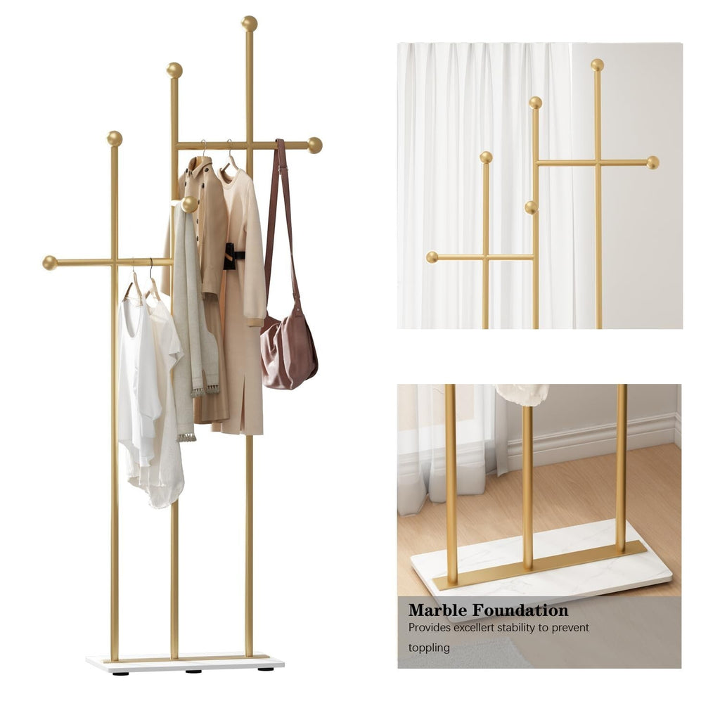 FONECHIN Gold Coat Rack with Marble Base Metal Clothes Coat Tree