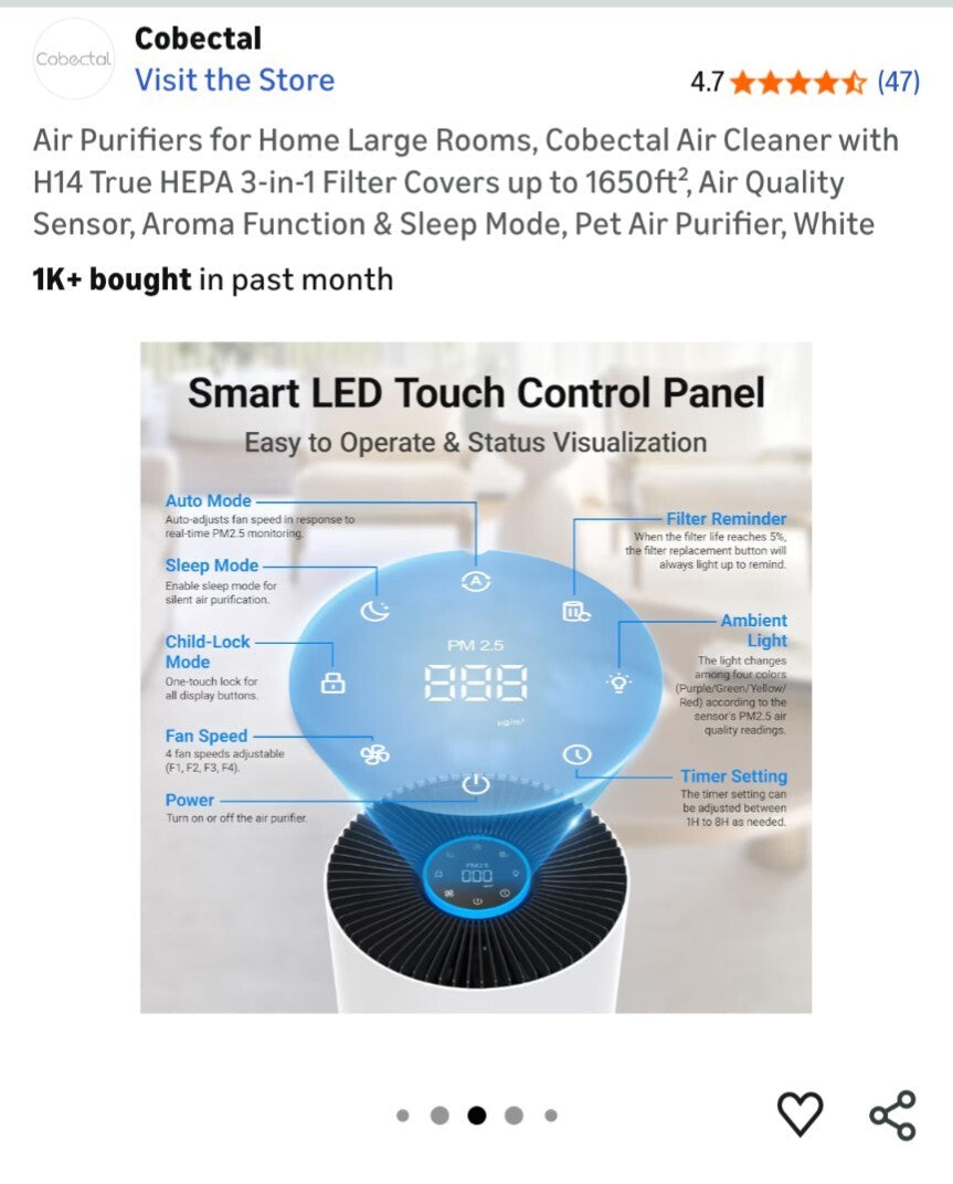 Air Purifier for Home Large Room H14 True HEPA 3-in-1 Filter Air