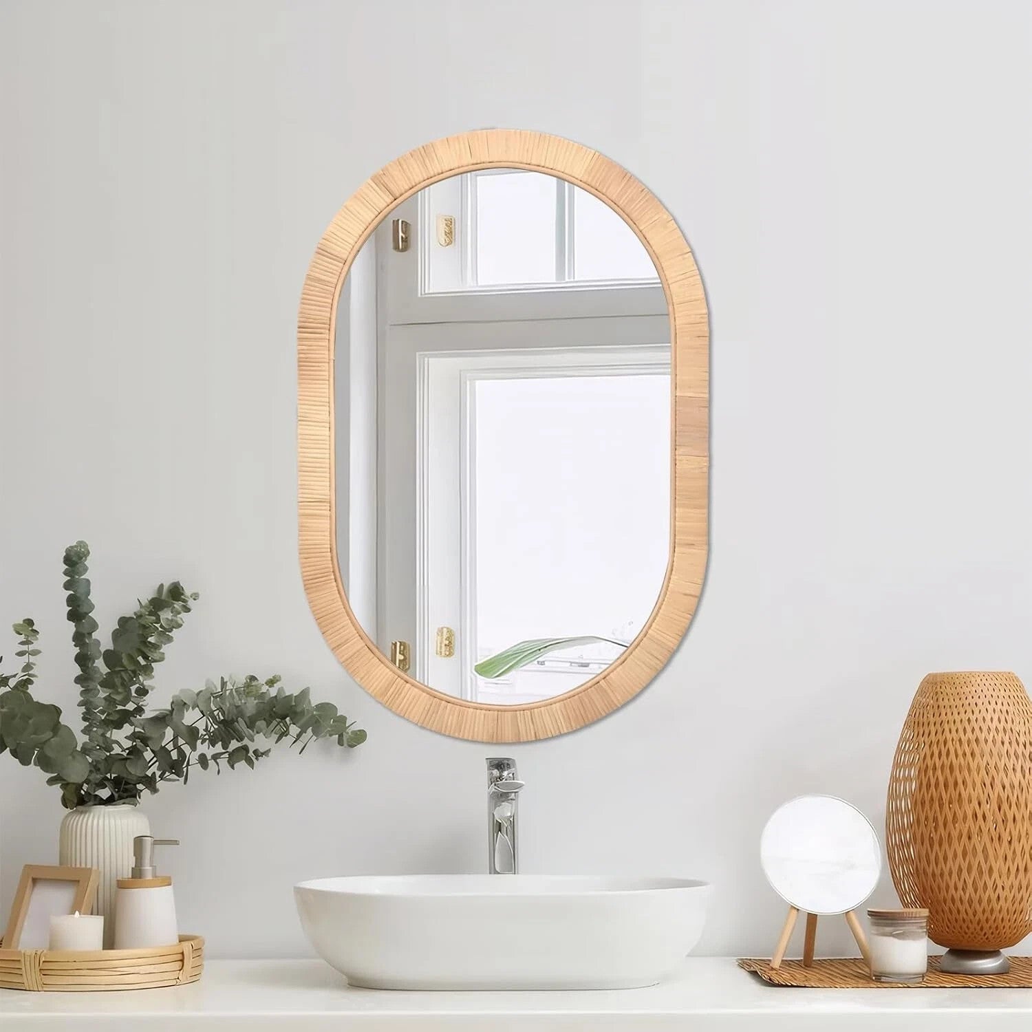 Oval Wall Mirror Handcrafted Rattan 20x30 - Boho Wicker Frame