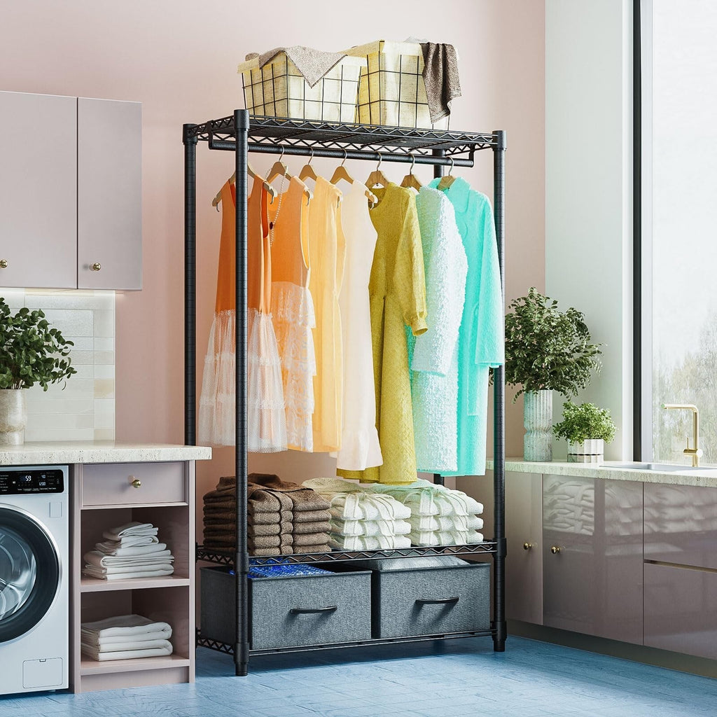 IZEUK Rolling Garment Rack 3-Tier Closet Organizer 2 Drawers Dark