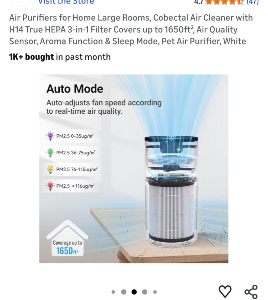 Air Purifier for Home Large Room H14 True HEPA 3-in-1 Filter Air