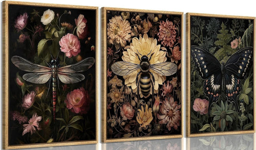 3 Pcs Framed Vintage Insect Wall Art Dragonfly Butterfly Bee Gothic
