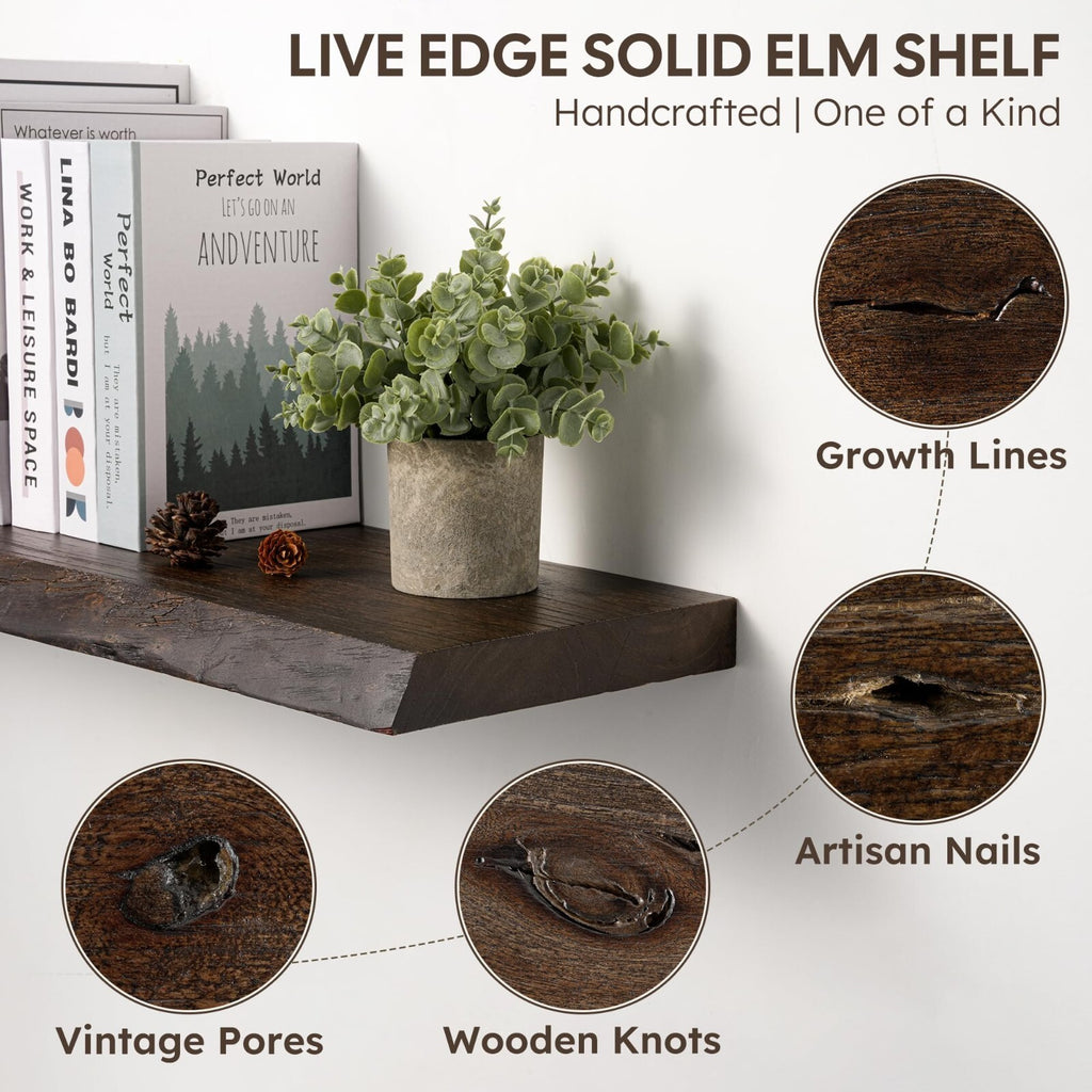 Realgulf 48" Rustic Elm Floating Shelf Solid Wood Live Edge Invisible