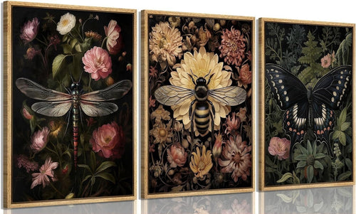 3 Pcs Framed Vintage Insect Wall Art Dragonfly Butterfly Bee Gothic