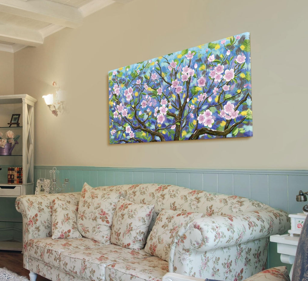 ARTZON Cherry Blossom Wall Art Pink Green Floral Canvas Print 48x24