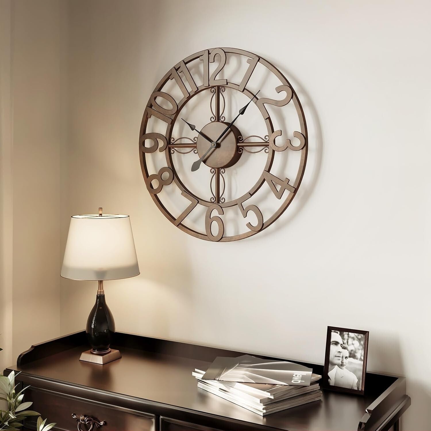 Bronze Metal Wall Clock, 16 in — Silent Non-Ticking, Arabic