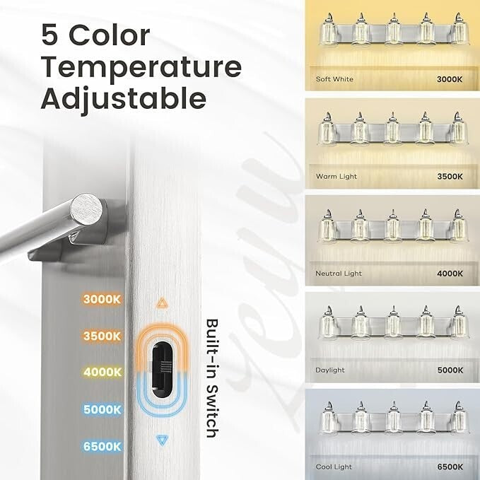 30W Dimmable Bathroom Lighting, 5 Light LED Bathroom Wall Lights with
