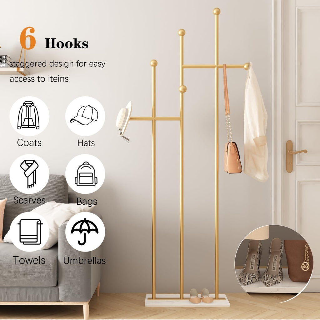 FONECHIN Gold Coat Rack with Marble Base Metal Clothes Coat Tree